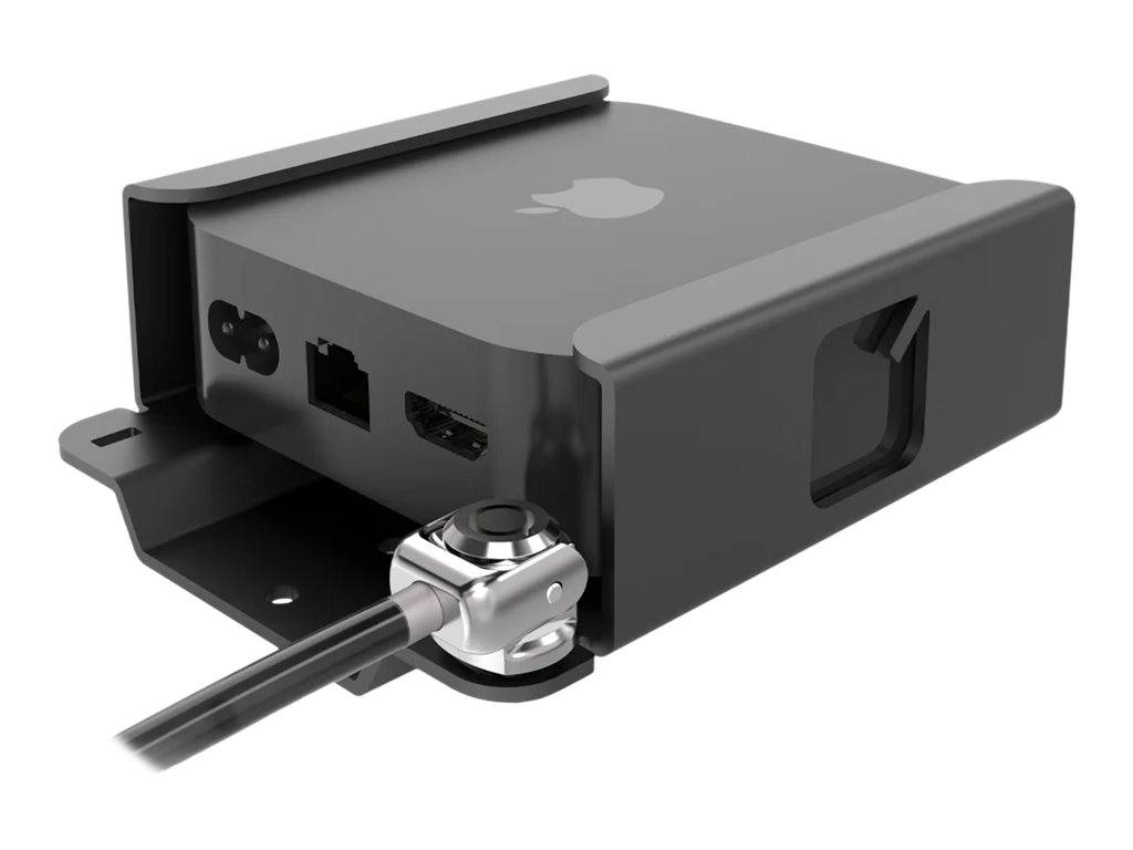 Ein schwarzes Apple-Gerät in einer Metall-Sicherheitshalterung, mit einem angebrachten Kabelschloss und sichtbaren Anschlüssen an der Seite.