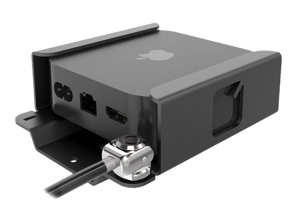Nahaufnahme einer schwarzen Apple-Gerätebox mit Stromversorgung, Ethernet- und HDMI-Anschlüssen sowie einem angeschlossenen Kabel.
