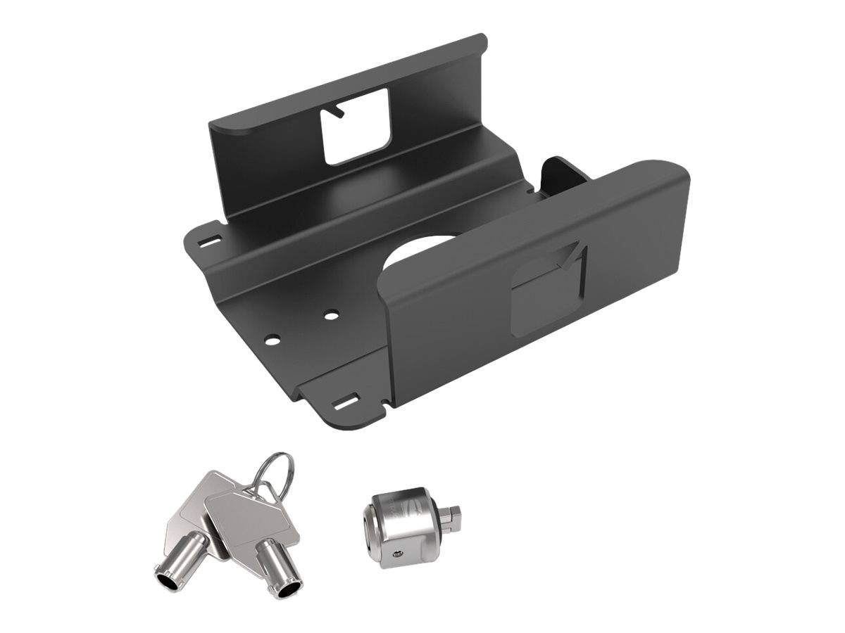 Schwarze Metall-Montageklammer mit einer Frontplatte, dargestellt mit zwei Schlüsseln und einer kleinen Schlosszylinder-Baugruppe.