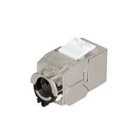 Metall-RJ45-Ethernet-Netzwerkbuchse mit weißem Clip oben, isoliert auf einfachem Hintergrund dargestellt.