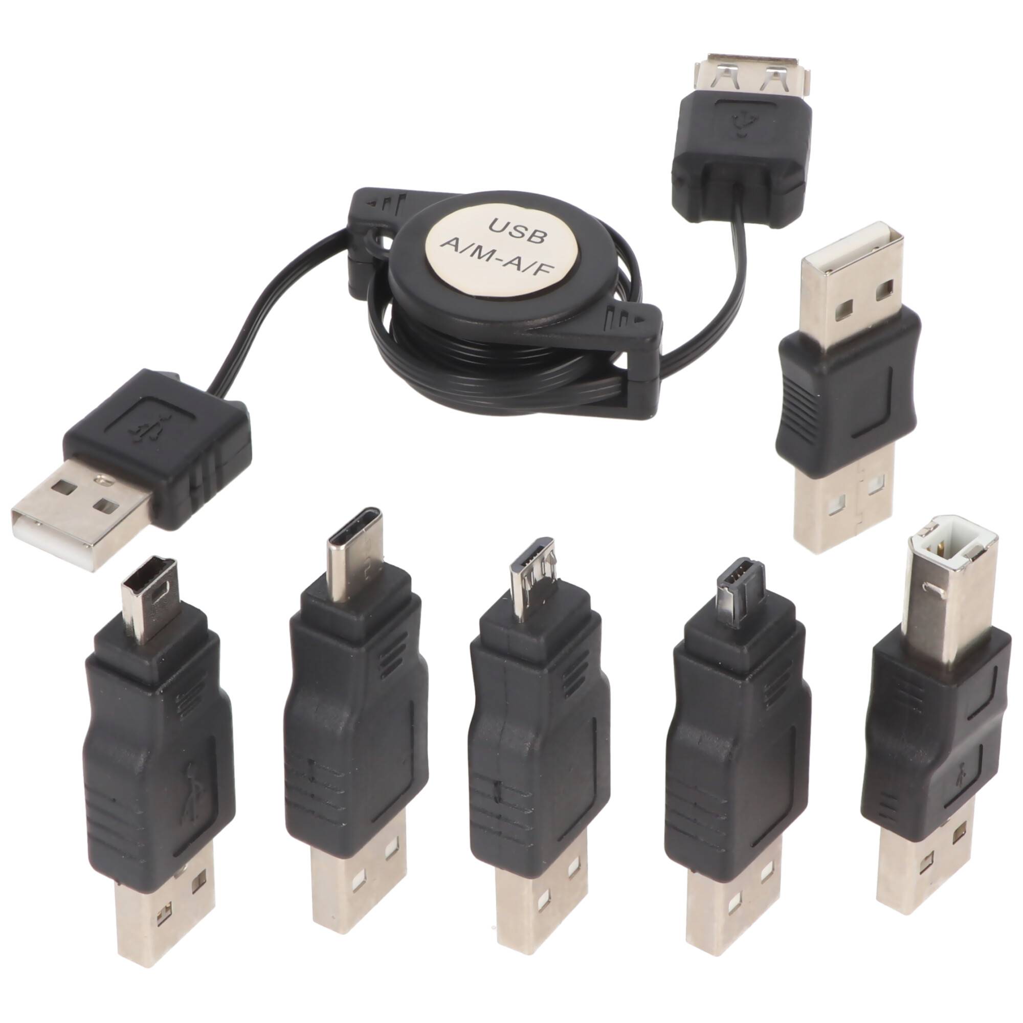 USB-Adapter-Set 7-teilig mit praktischer Aufrollbox, USB-Verlängerungskabel für den direkten Anschluss an einem USB-Gerä