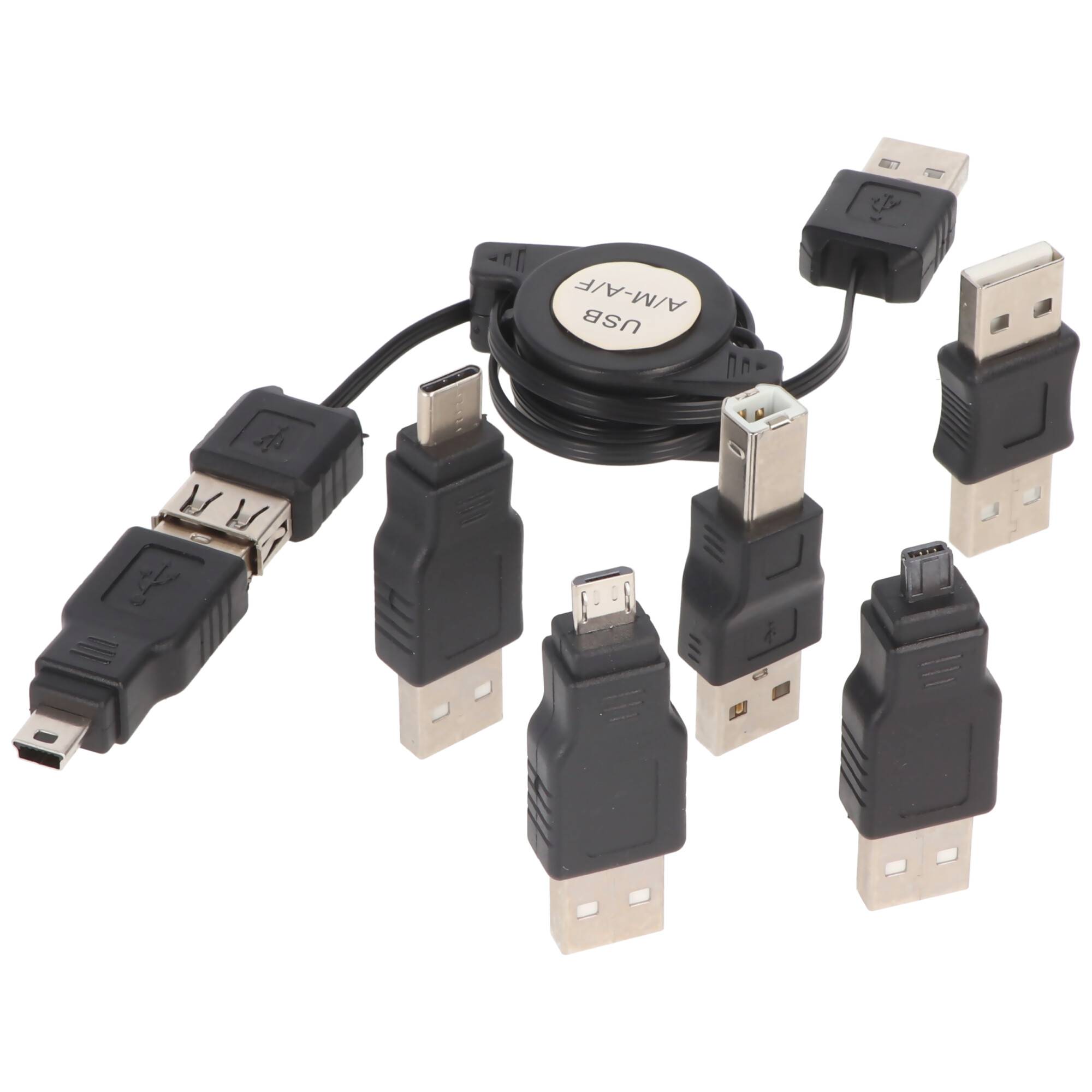 USB-Adapter-Set 7-teilig mit praktischer Aufrollbox, USB-Verlängerungskabel für den direkten Anschluss an einem USB-Gerä
