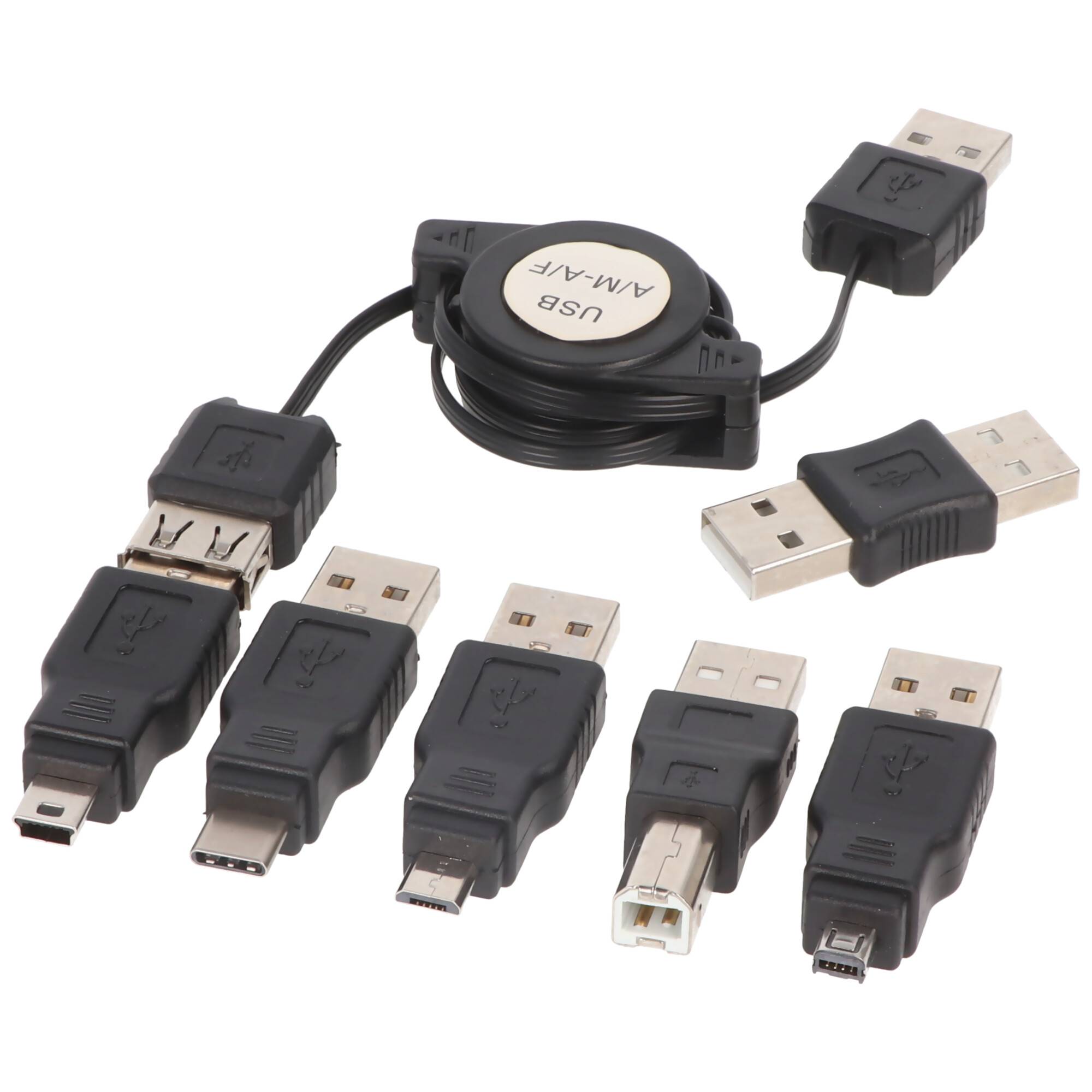USB-Adapter-Set 7-teilig mit praktischer Aufrollbox, USB-Verlängerungskabel für den direkten Anschluss an einem USB-Gerä