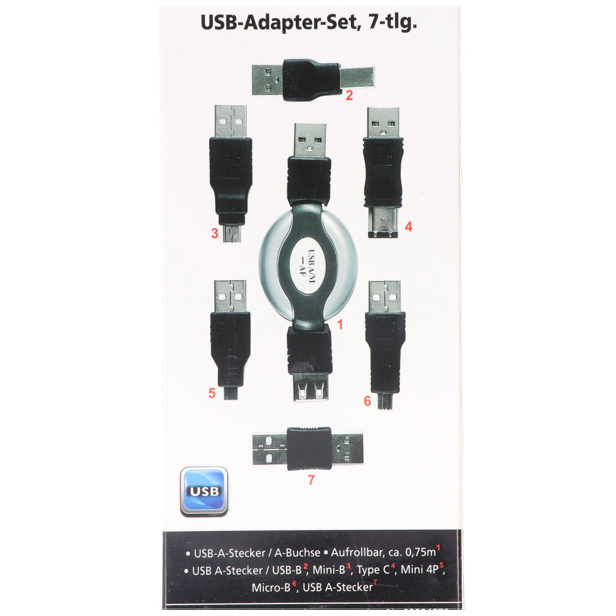 USB-Adapter-Set 7-teilig mit praktischer Aufrollbox, USB-Verlängerungskabel für den direkten Anschluss an einem USB-Gerä