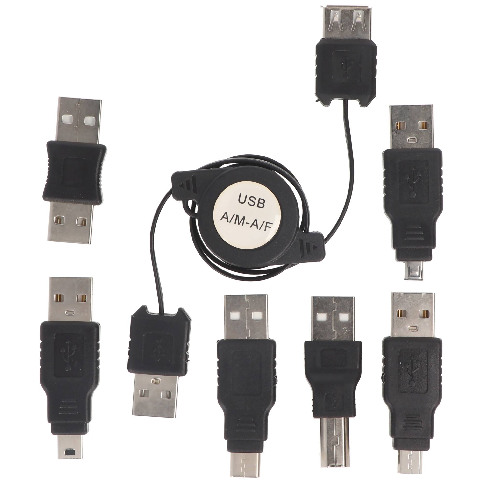 USB-Adapter-Set 7-teilig mit praktischer Aufrollbox, USB-Verlängerungskabel für den direkten Anschluss an einem USB-Gerä