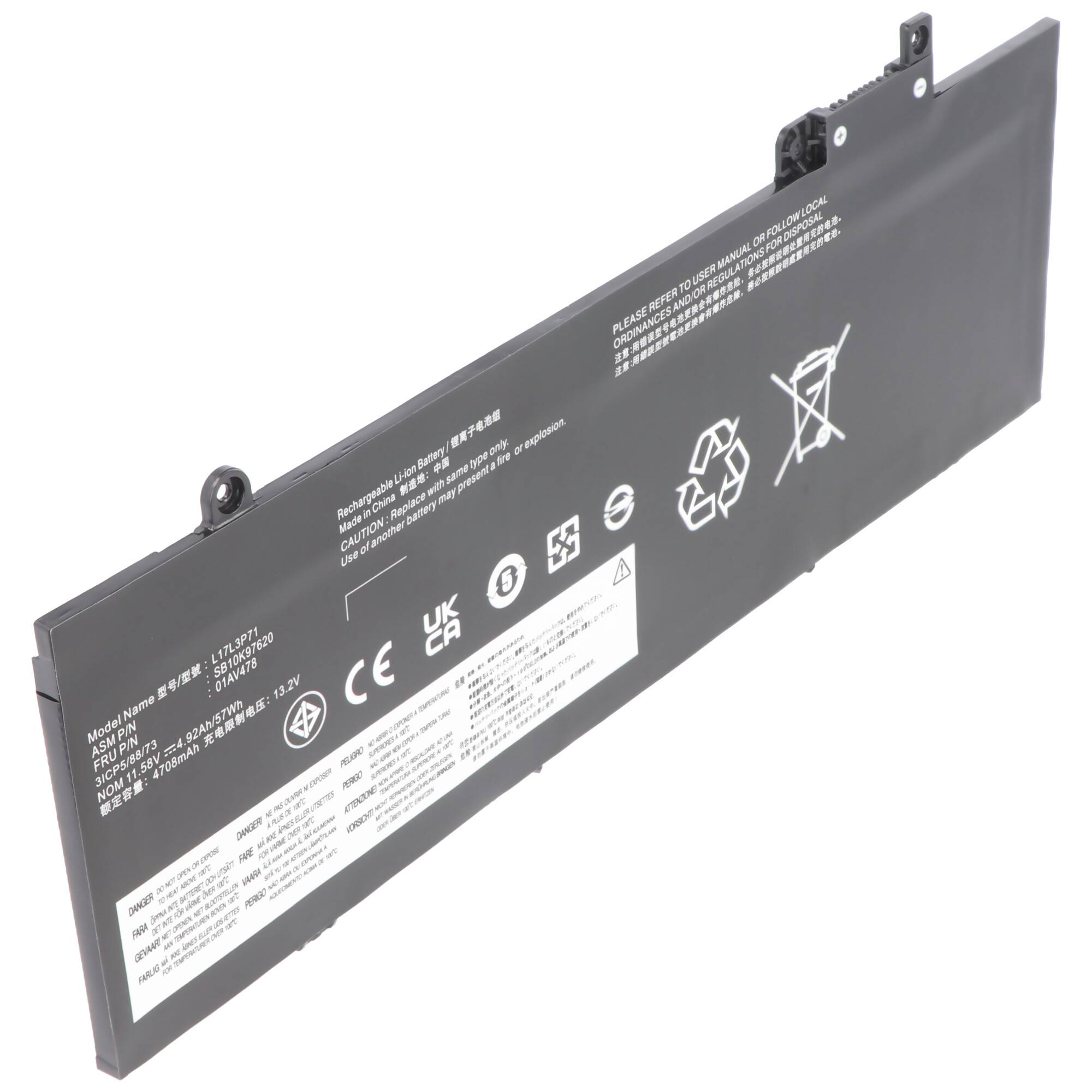 Akku passend für Lenovo ThinkPad T480s, 01AV478, 01AV479, L17L3P71, L17M3P72, 11,58V, 4600mAh
