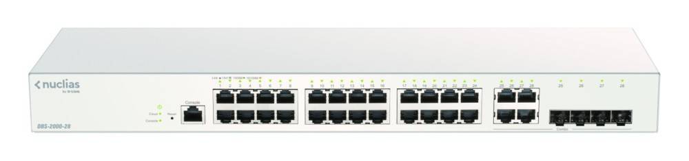 Bild eines Netzwerk-Switches mit vier Reihen von Ethernet-Ports, von 1 bis 24 beschriftet, mit LED-Statusanzeigen über jedem Port.