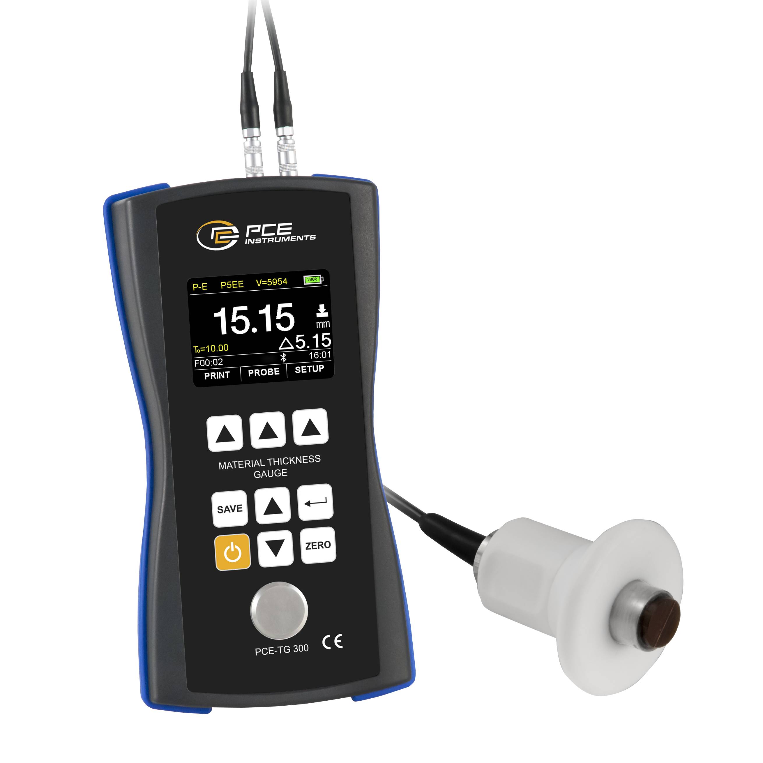 PCE Instruments Materialdickenmessgerät PCE-TG 300-HT5 |1…600mm |Sensor 5 MHz ⌀ 12 mm |Puls-Echo |Echo-Echo |Bluetooth