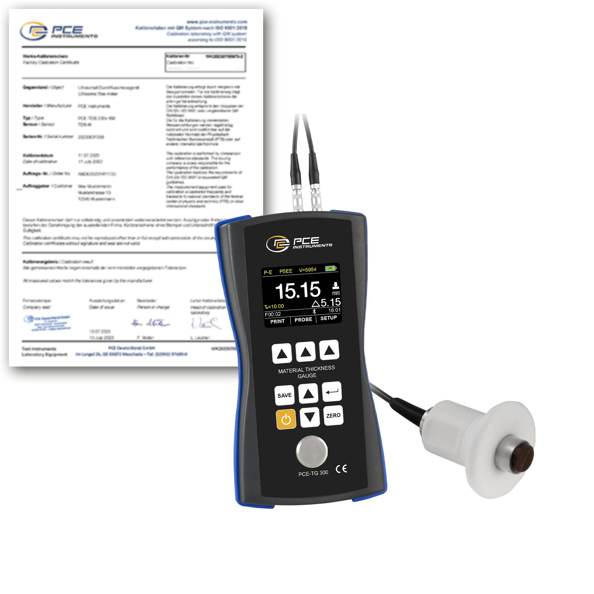 PCE Instruments Materialdickenmessgerät PCE-TG 300-HT5-ICA inkl. ISO-Zertifikat |1…600mm |Sensor 5 MHz ⌀12mm |Bluetooth