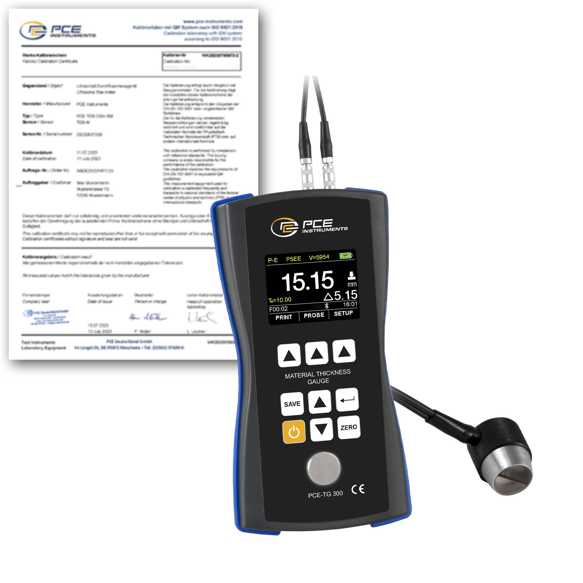 PCE Instruments Materialdickenmessgerät PCE-TG 300-NO2-ICA inkl. ISO-Zertifikat |3 … 300 mm |Sensor 2,5 MHz ⌀14 mm |USB