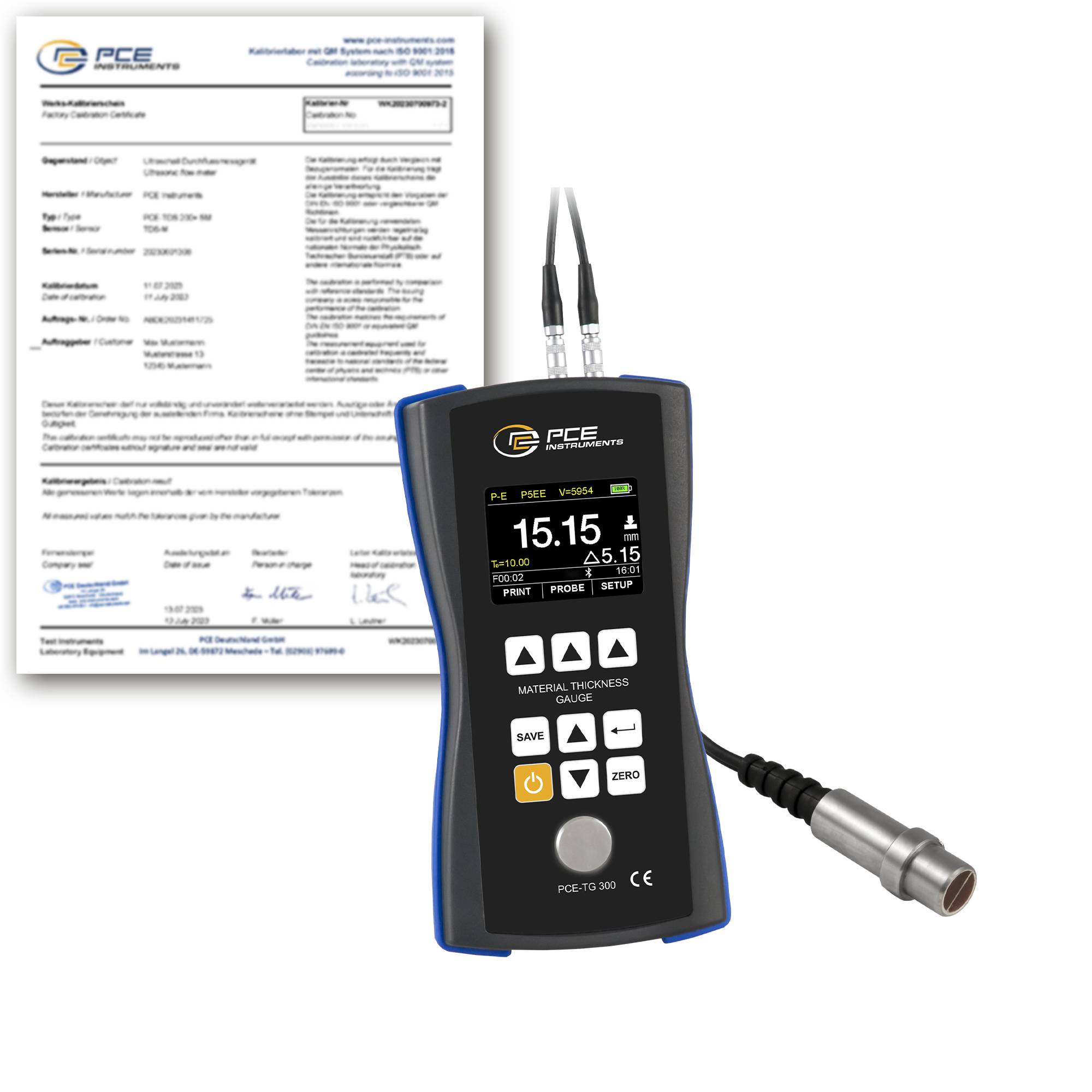 PCE Instruments Materialdickenmessgerät PCE-TG 300-NO5-ICA inkl. ISO-Zertifikat |1 … 600 mm |Sensor 5 MHz ⌀10 mm |USB