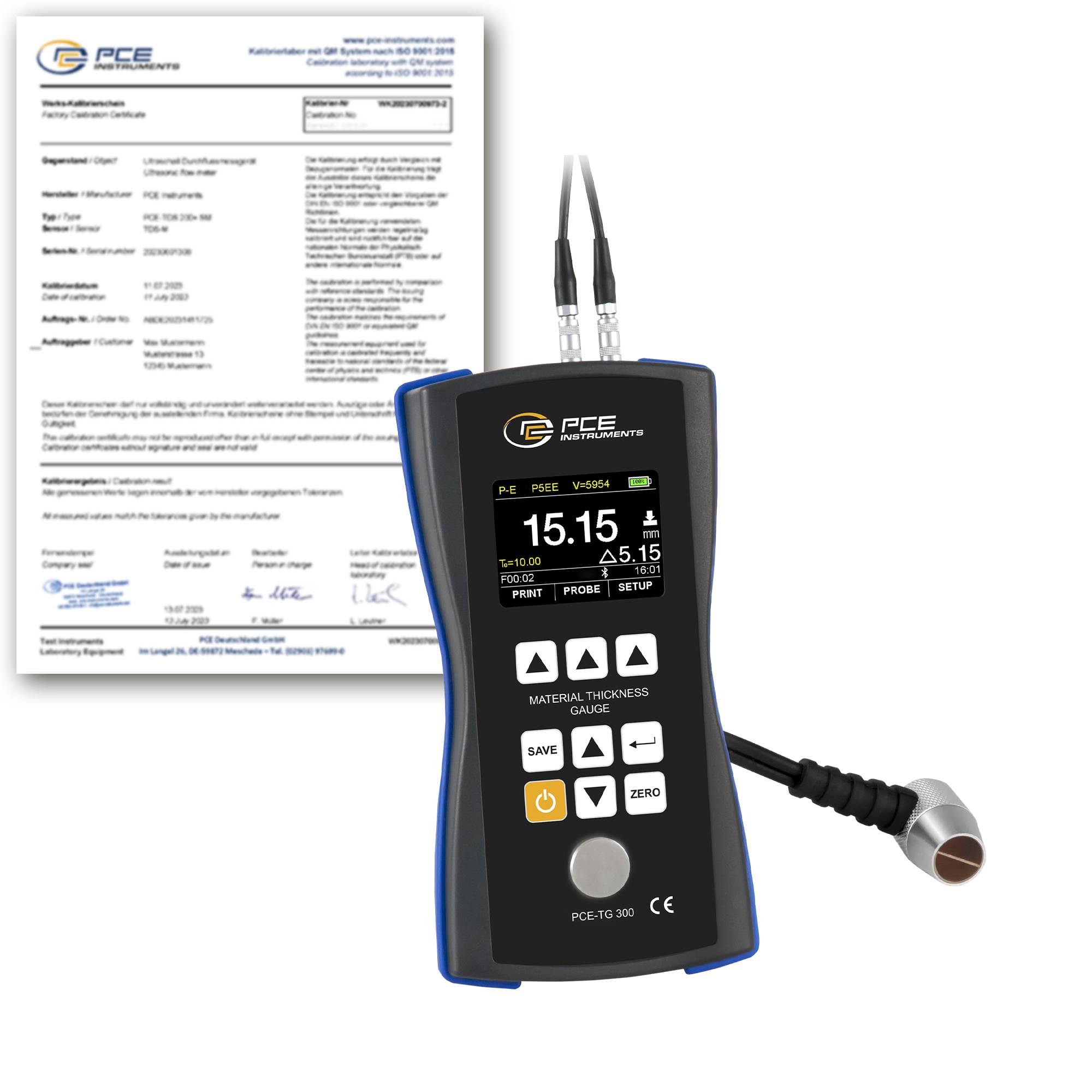 PCE Instruments Materialdickenmessgerät PCE-TG 300-NO5/90-ICA inkl. ISO-Zertifikat |1 … 600mm |Sensor 5 MHz ⌀10mm |USB