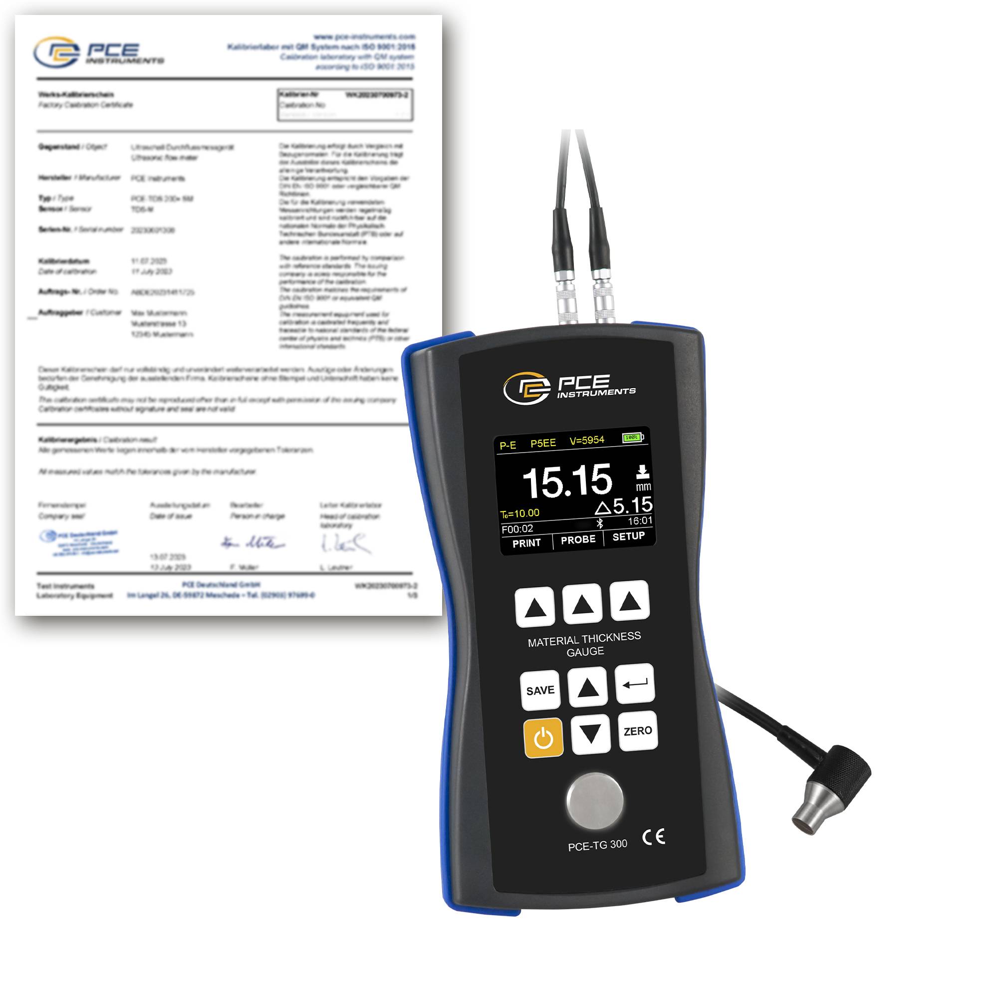 PCE Instruments Materialdickenmessgerät PCE-TG 300-NO7-ICA inkl. ISO-Zertifikat |0,65 … 200 mm |Sensor 7 MHz ⌀6mm |USB