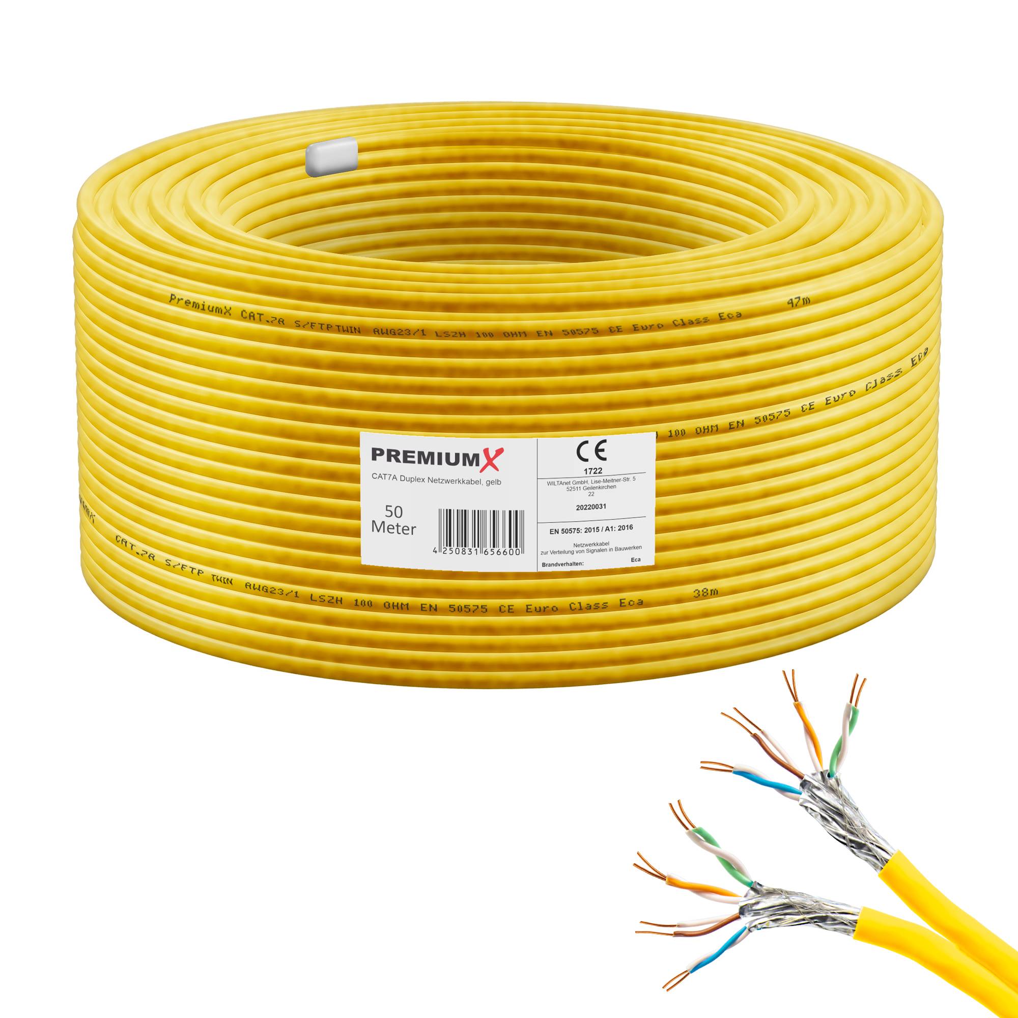PremiumX 50m CAT 7A Netzwerkkabel Duplex LAN-Kabel Verlegekabel Ethernet Kupfer Datenkabel AWG 23 S/FTP PiMF PoE Eca Cat7A 1200 MHz