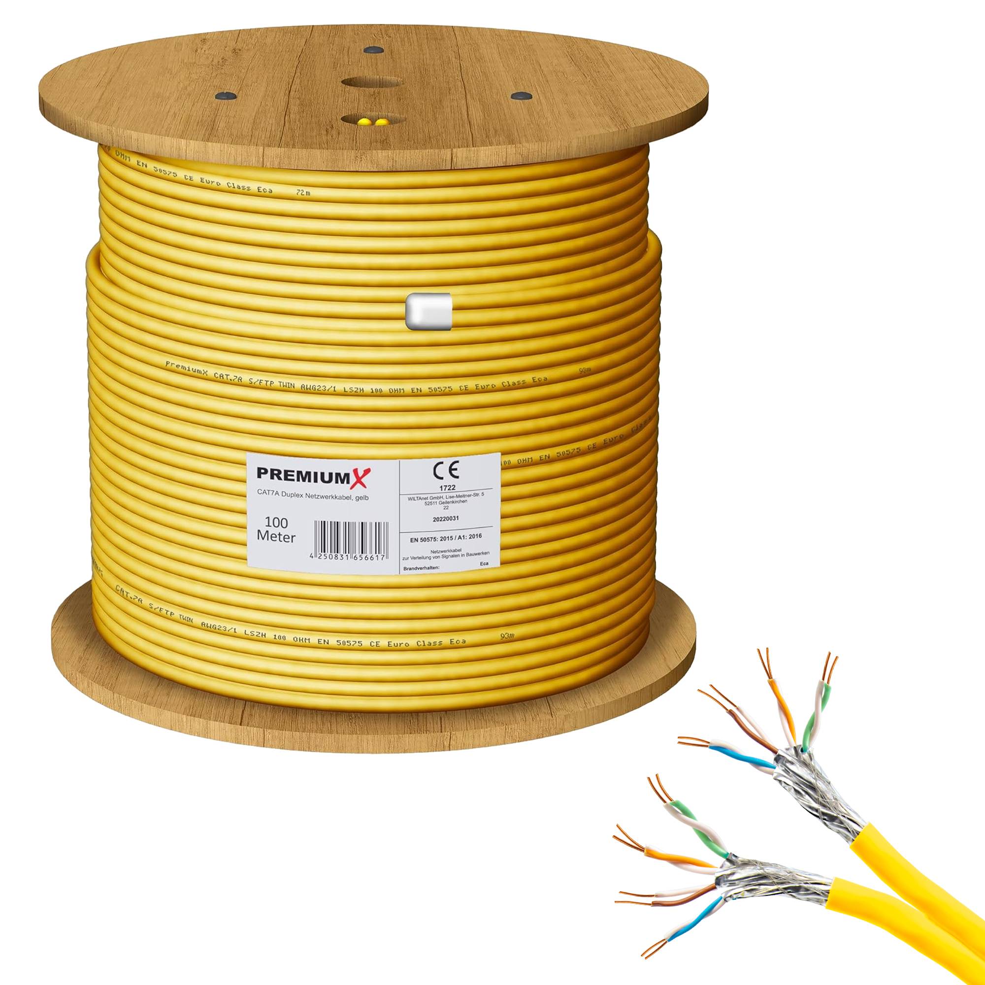 PremiumX 100m CAT 7A Netzwerkkabel Duplex LAN-Kabel Verlegekabel Ethernet Kupfer Datenkabel AWG 23 S/FTP PiMF PoE Eca Cat7A 1200 MHz