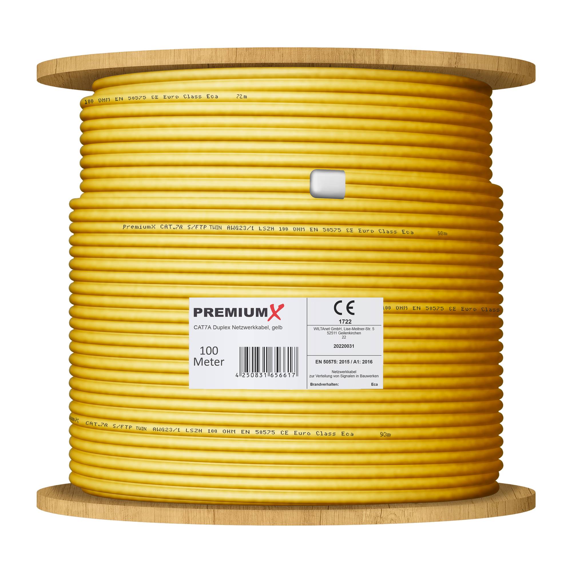 PremiumX 100m CAT 7A Netzwerkkabel Duplex LAN-Kabel Verlegekabel Ethernet Kupfer Datenkabel AWG 23 S/FTP PiMF PoE Eca Cat7A 1200 MHz