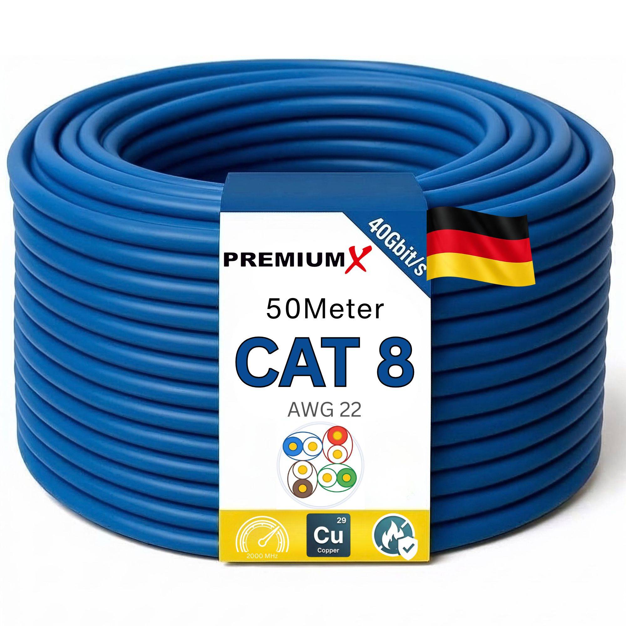 Ein blaues 50-Meter-Cat-8-Ethernet-Kabel, AWG 22, mit der Bezeichnung „PremiumX