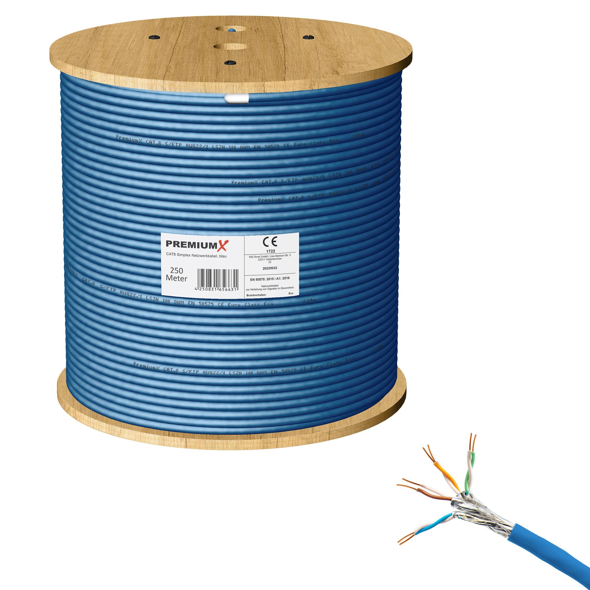 PremiumX 250m CAT 8 Netzwerkkabel LAN Kabel Verlegekabel Ethernet Cat8 Installationskabel 40 Gbit/s 22AWG reines Kupfer S/FTP PiMF PoE Eca Klasse