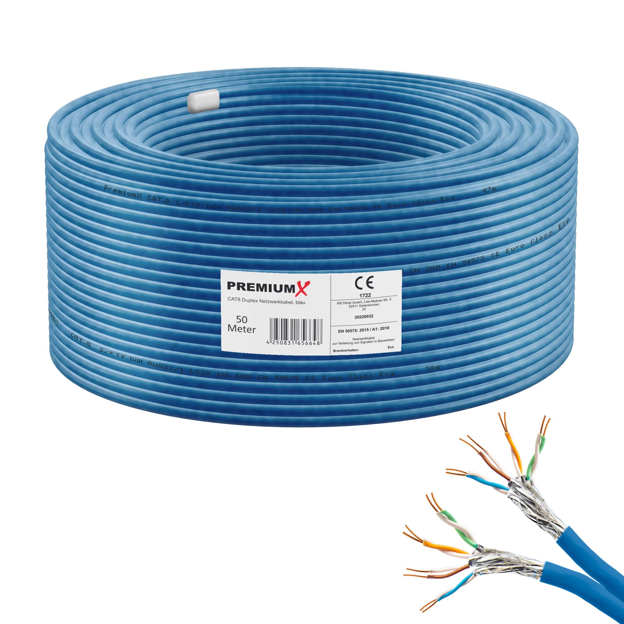 PremiumX 50m CAT 8 Verlegekabel | 40Gbit 2000MHz | S/FTP PIMF AWG22 Reinkupfer | Eca LSZH FRNC Halogenfrei | Profi LAN Netzwerk Datenkabel Duplex