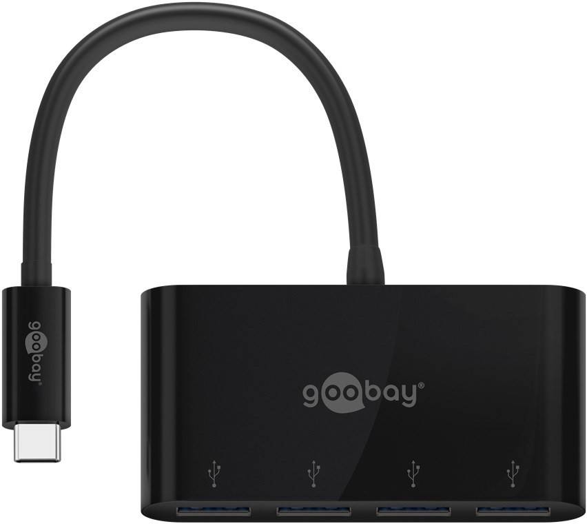 Ein schwarzer USB-Hub mit vier Anschlüssen und einem kurzen Verbindungskabel, auf der Vorderseite mit 'goobay' beschriftet.