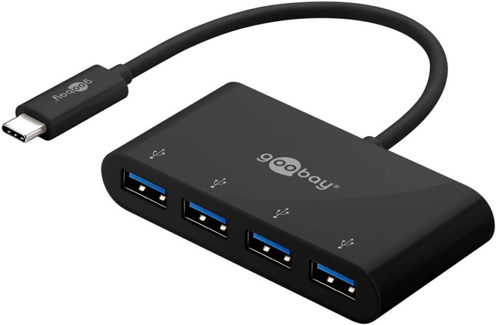 Ein mit der Marke 'goobay' versehener schwarzer USB-Hub mit vier USB-Anschlüssen und angeschlossenem Kabel, der für die Erweiterung der USB-Konnektivität von Geräten entwickelt wurde.