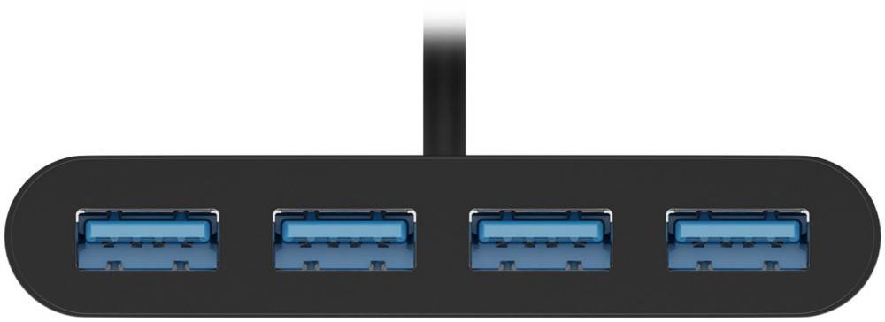 Ein USB-Hub mit zwei sichtbaren USB 3.0-Anschlüssen und einem schwarzen Kabel, das darüber angeschlossen ist.
