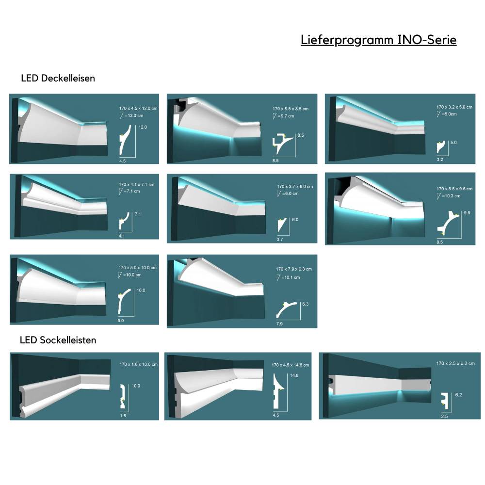 Sockelleisten Deckenleisten LED leicht & robust Stuckleisten 17M Lichtleisten Fußleisten INO-10