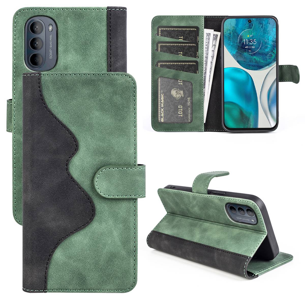 Für Motorola Moto G52 4G Design Handy Tasche Wallet Premium Grün Schutz Hülle Case Cover Etuis Neu Zubehör