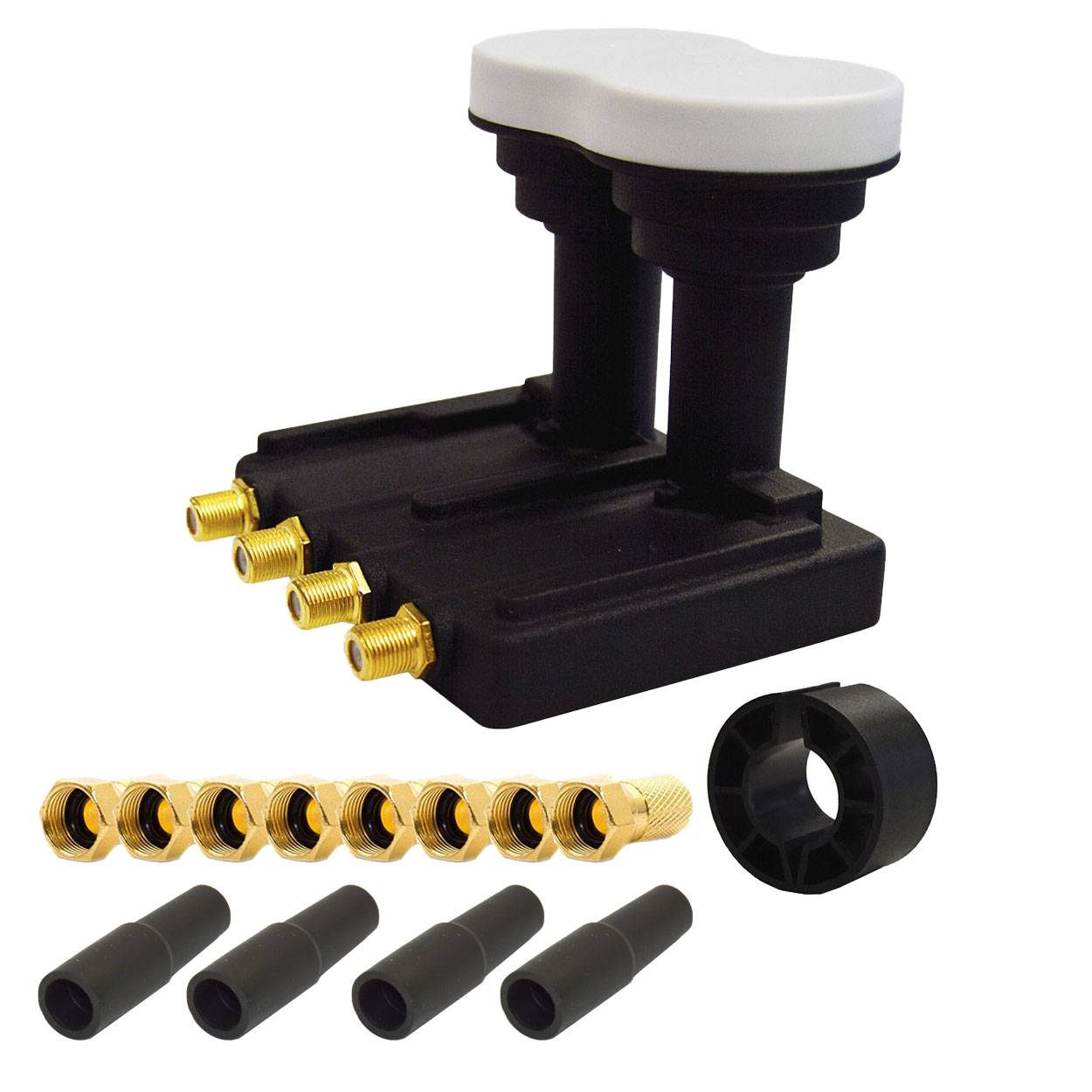 PremiumX Quad Monoblock LNB 3° PXMB-3Q 0,1 dB Astra 19,2° Eutelsat 16° HDTV FullHD UltraHD 4K 3D tauglich für 4 Teilnehmer 8x F-Stecker und 4x Gu