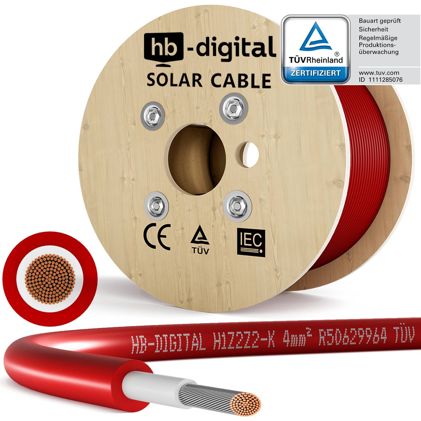 hb-digital Solar Kabel 300m Solarkabel 4mm2 H1Z2Z2-K Photovoltaik Kabel für PV Anlagen rot