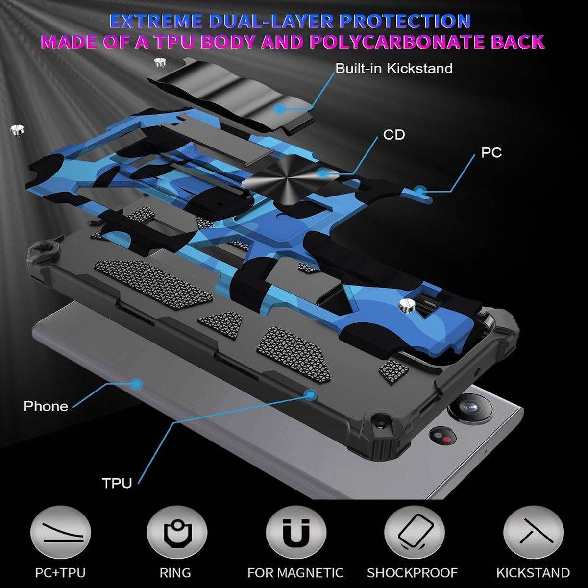 Für Samsung Galaxy S23 Ultra Stoßfeste Handy Hülle Camouflage Hellblau