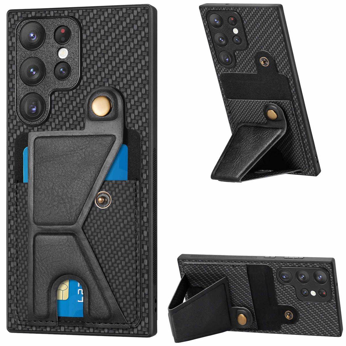 Für Samsung Galaxy S23 Ultra TPU Schutz Schwarz Carbon / Karten Flip Hülle Handy Tasche Cover Etui Zubehör Neu