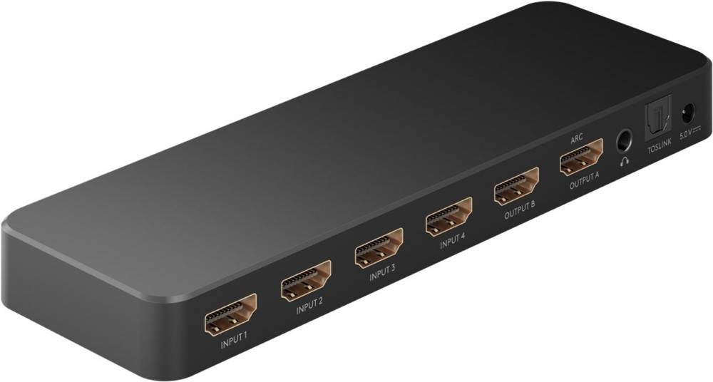Ein schwarzer HDMI-Switch mit vier beschrifteten Eingangsbuchsen: 'EINGANG 1', 'EINGANG 2', 'EINGANG 3', 'EINGANG 4' und einer beschrifteten Ausgangsbuchse: 'AUSGANG B'.