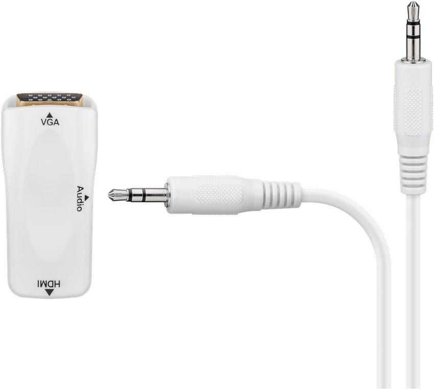 Ein Kabeladapter mit VGA-, Audio- und HDMI-Anschlüssen, der einen 3,5-mm-Audioanschluss und einen weißen HDMI-Stecker zeigt.