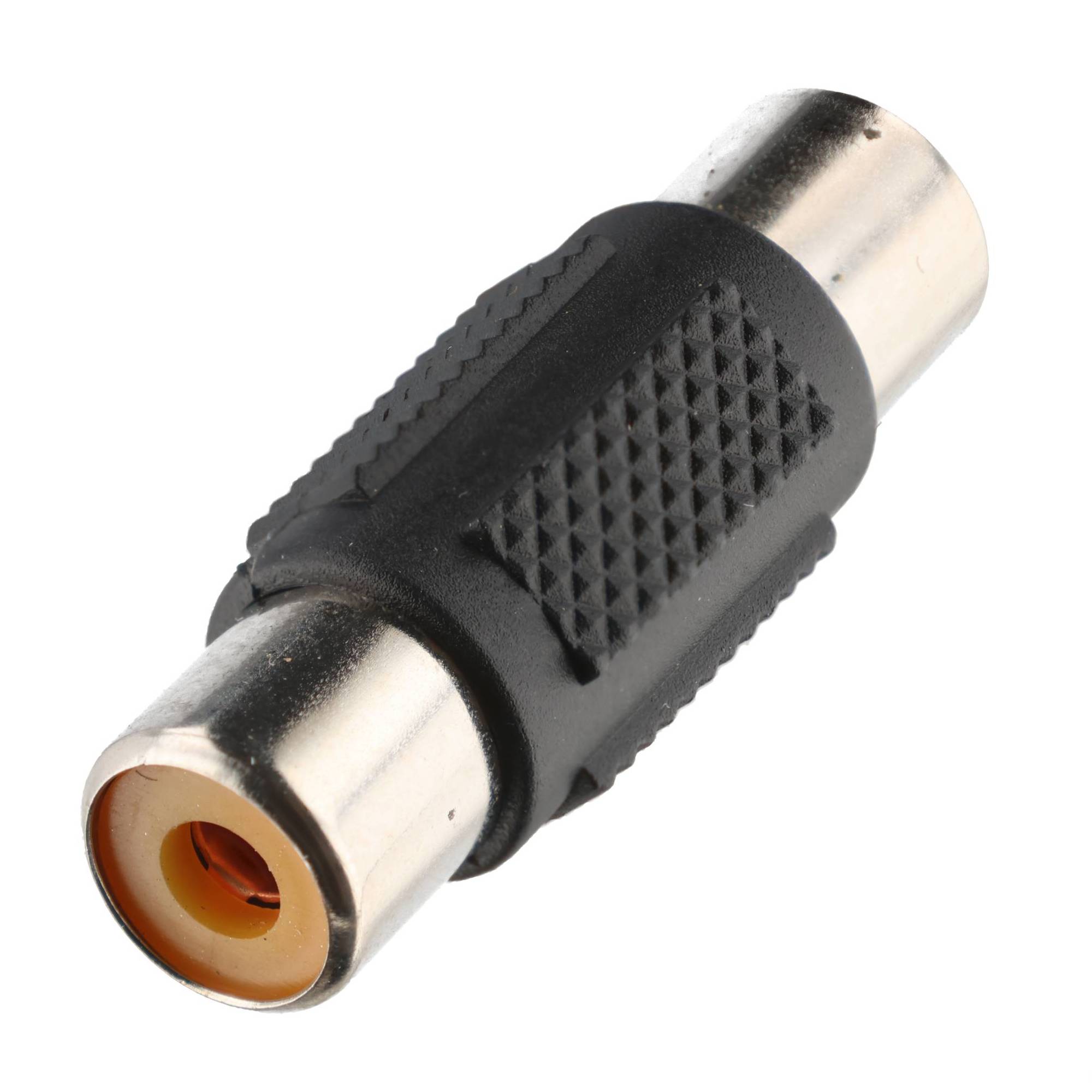 RCA-Buchse-zu-Buchse-Adapter, schwarz mit Metallenden, auf weißem Hintergrund dargestellt.