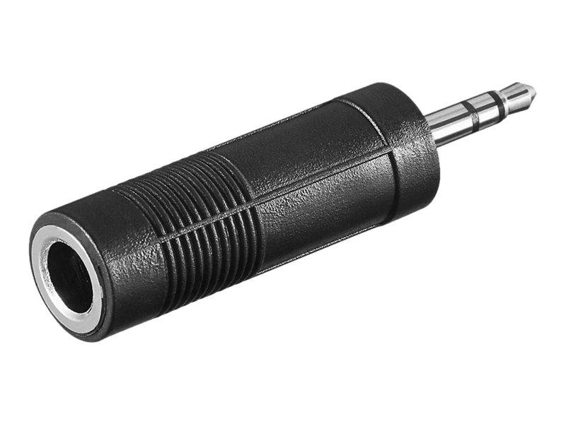 Schwarzer 3,5-mm-Audioklinkenadapter mit einem Stecker auf der einen Seite und einer Buchse auf der anderen Seite.