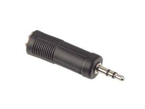 Ein schwarzer 3,5-mm-Stereo-Audio-Steckeradapter mit gerilltem Griff, der zum Verbinden von Audiogeräten mit unterschiedlichen Buchsengrößen konzipiert ist.