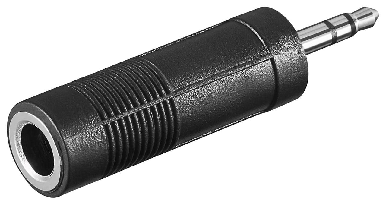 Schwarzer 3,5-mm-Audioadapterstecker mit einem Steckerkontakt auf der einen Seite und einer Buchse auf der anderen Seite.