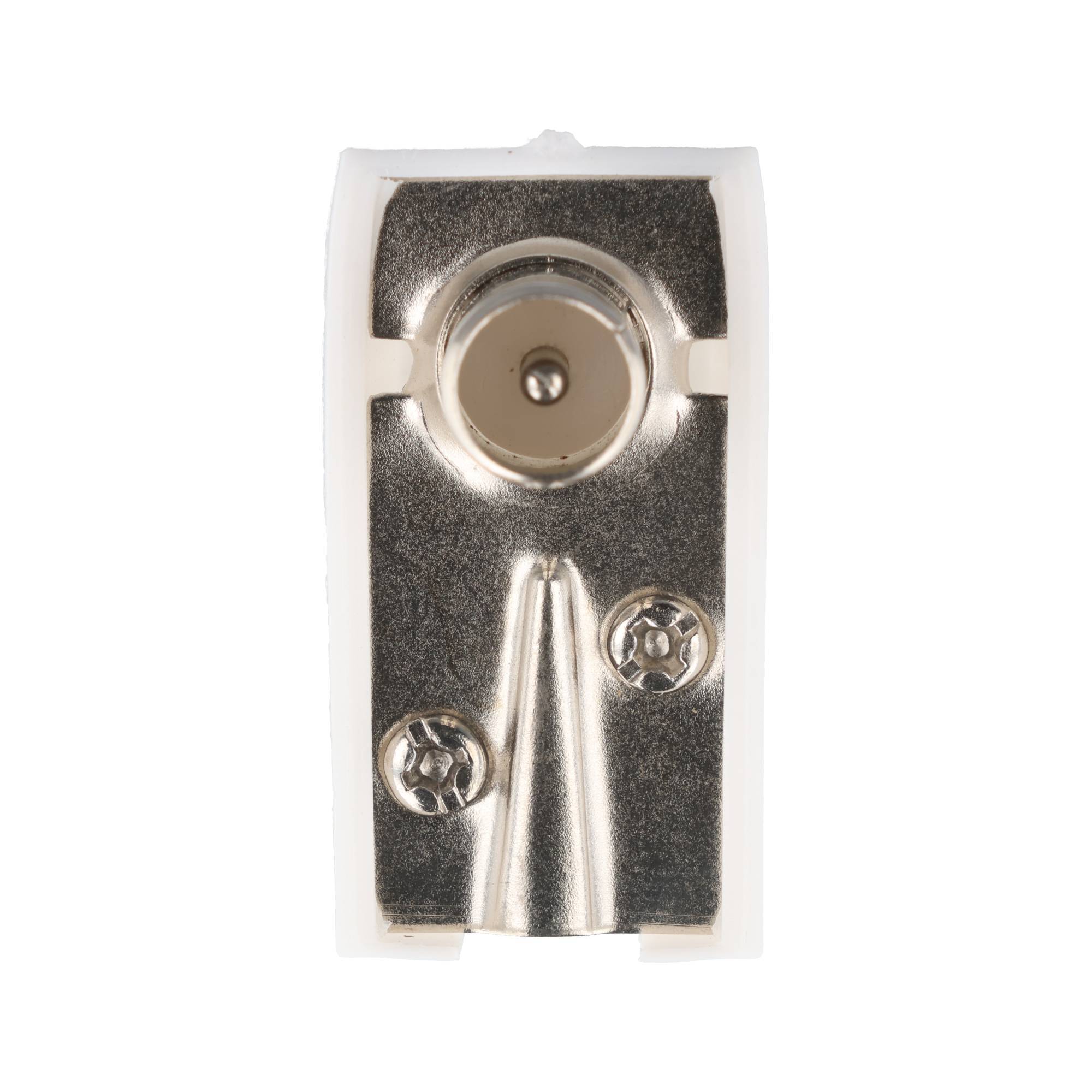 Nahaufnahme einer kleinen Metallbeschlagarmatatur mit einer zentralen kreisförmigen Öffnung und zwei Schrauben, vor weißem Hintergrund dargestellt.