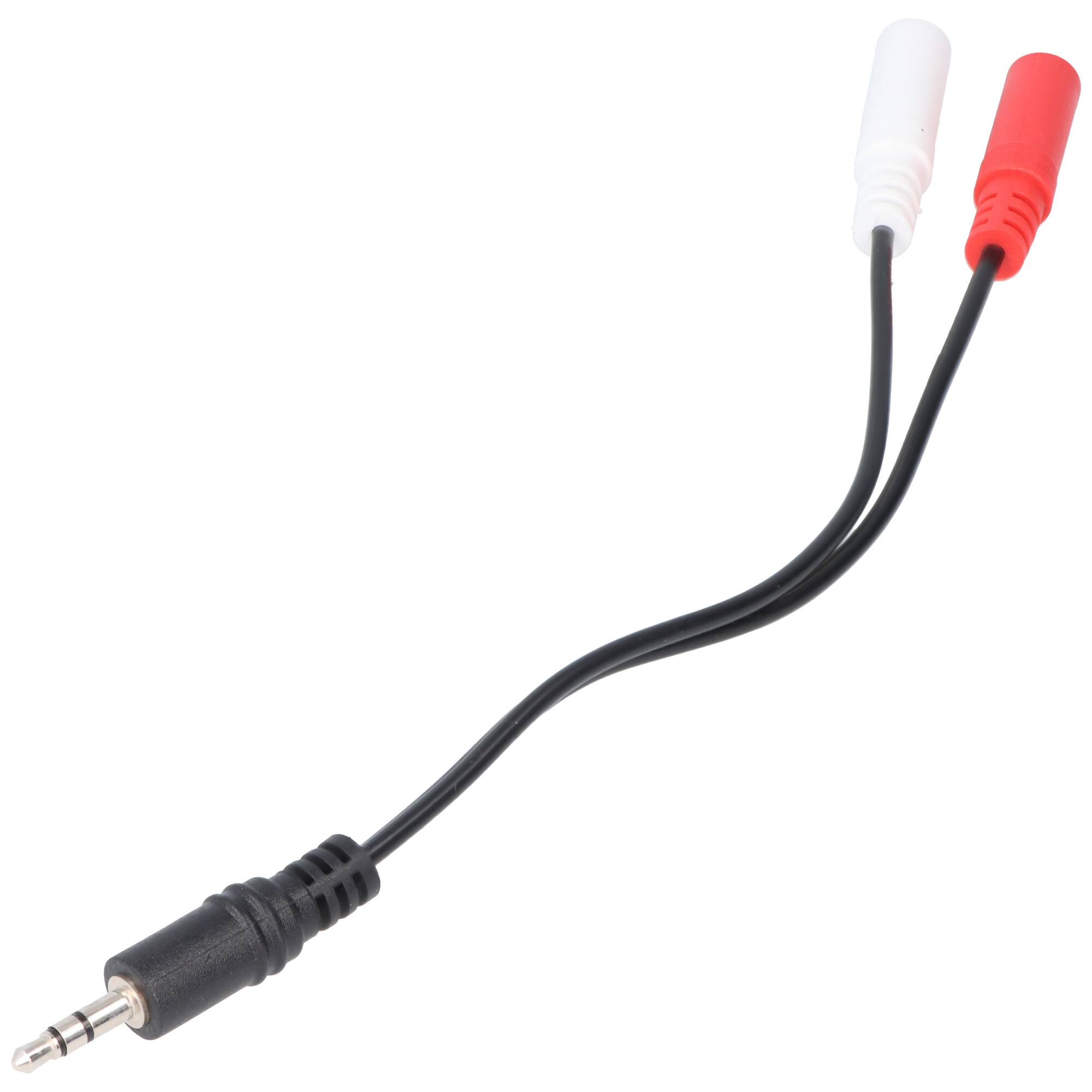 3,5-mm-Klinken-Stecker auf zwei RCA-Buchsen-Adapterkabel, schwarz mit roten und weißen Anschlüssen, auf weißem Hintergrund