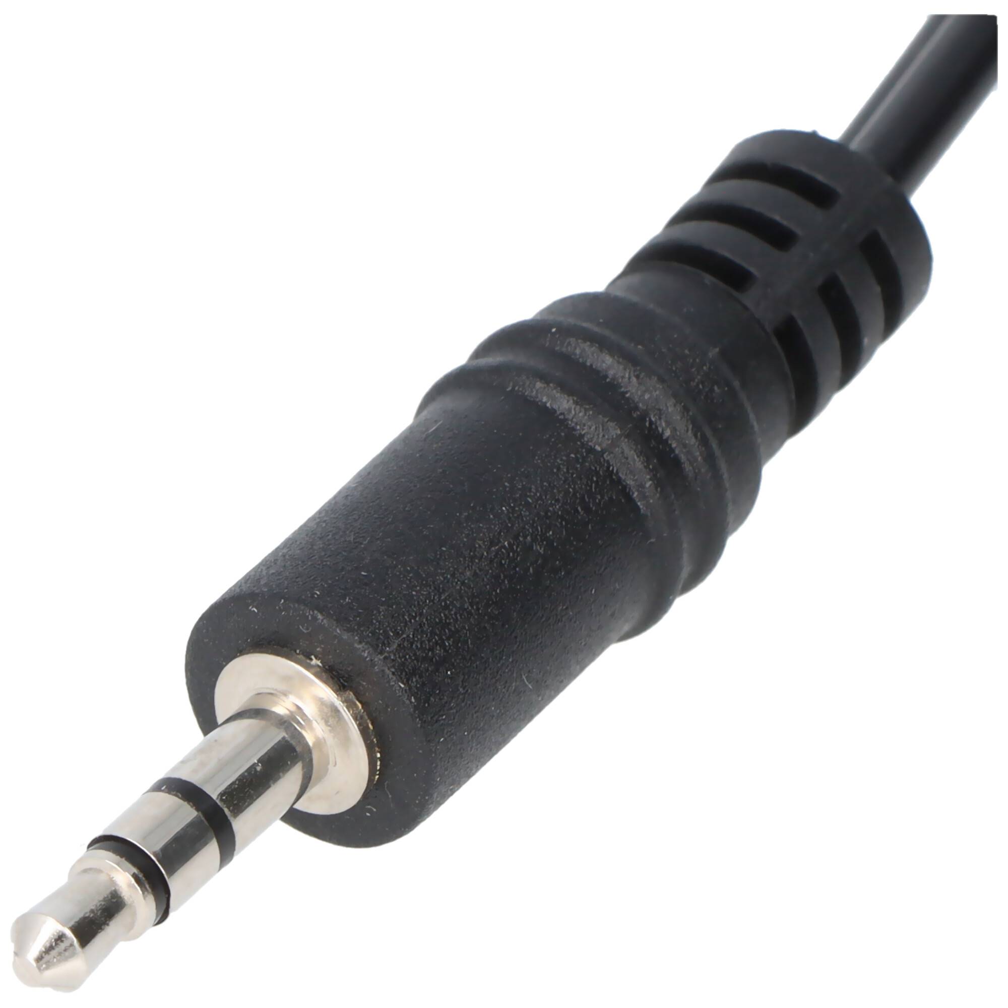 Nahaufnahme eines schwarzen 3,5-mm-Audioklinken-Steckers auf weißem Hintergrund.