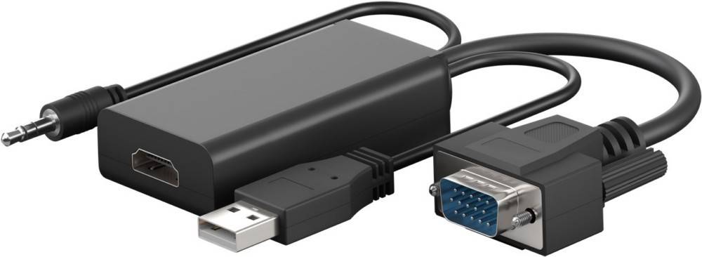 Ein schwarzes Kabel mit einem USB-Anschluss an einem Ende und einem VGA-Anschluss am anderen Ende, das verwendet wird, um digitale Geräte mit VGA-Bildschirmen zu verbinden.