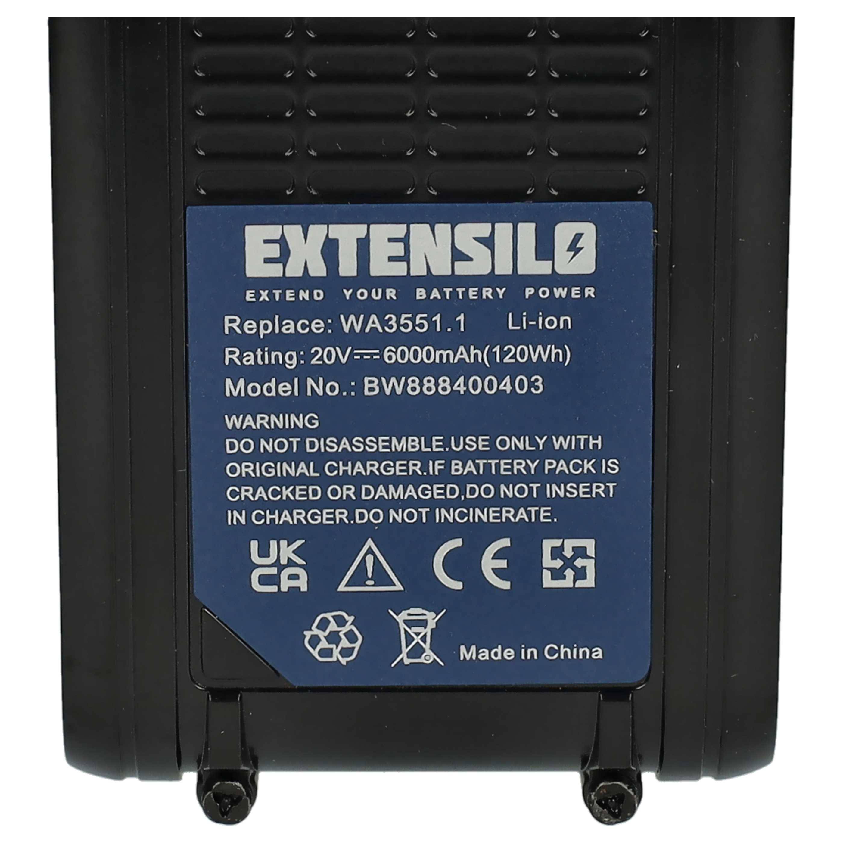 EXTENSILO Akku kompatibel mit Worx WX176, WX176.3, WX176.9, WX178.9, WX178, WX178.1, WX175.1, WX175.9 Werkzeug (6000 mAh, Li-Ion, 20 V)
