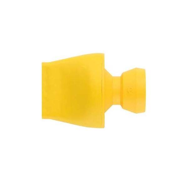 Gelbe Kunststoffdüse oder Adapter mit breiter flacher Öffnung und schmalem Anschluss, dargestellt auf weißem Hintergrund.