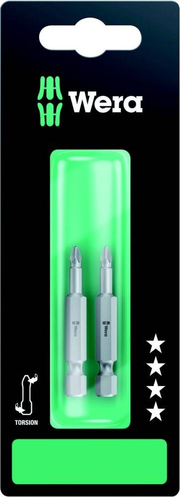 Wera Torsions-Schraubendreher-Bitset in Verpackung mit zwei silbernen Bits in einem leuchtend grünen Behälter und Wera-Logo auf schwarzem Hintergrund mit Sternsymbolen.