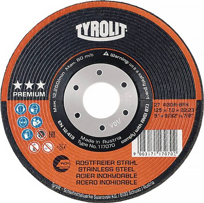 Eine kreisförmige Metallschneidscheibe mit dem 'TYROLIT' Logo, Spezifikationen und Sicherheitssymbolen. In Österreich hergestellt, gekennzeichnet als 'Edelstahl'.