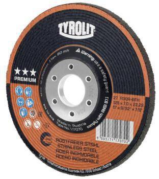 Eine Trennscheibe der Marke 'TYROLIT', geeignet für Edelstahl. Sie zeigt Spezifikationen wie 125 mm Durchmesser, 80 m/s Geschwindigkeit bei einer maximalen Drehzahl von 12.200 U/min.