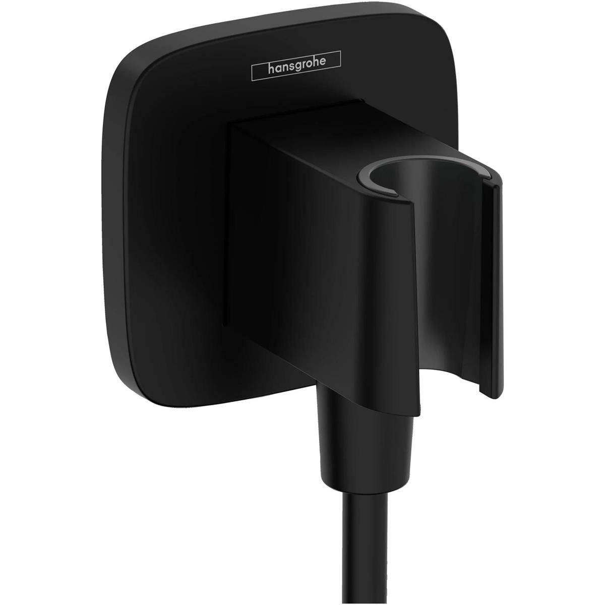 Schwarze an der Wand montierte Hansgrohe-Duschauslass mit Schlauchverbindung, auf weißem Hintergrund abgebildet.