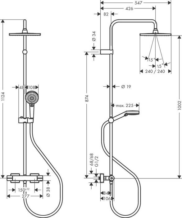 bestehend aus Kopfbrause · Handbrause · Brausethermostat · Brauseschlauch · Brausestange und Handbrausehalterung · Kopfbrause Crometta E 240 · S