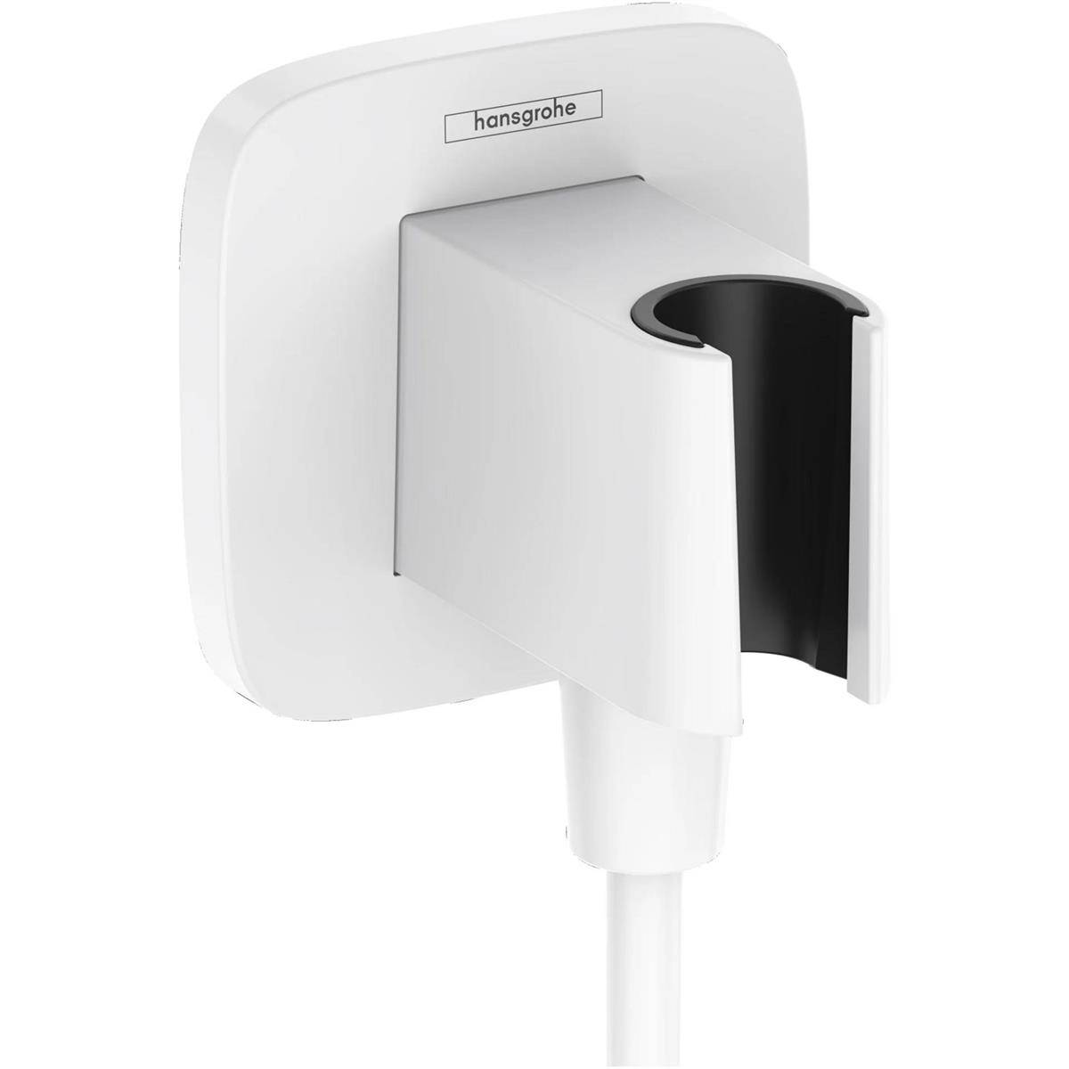 Weiß montierter Hansgrohe-Wasserhahn oder Umschaltventil für die Wand mit schwarzer Auslauföffnung und quadratischer moderner Blende auf weißem Hintergrund.